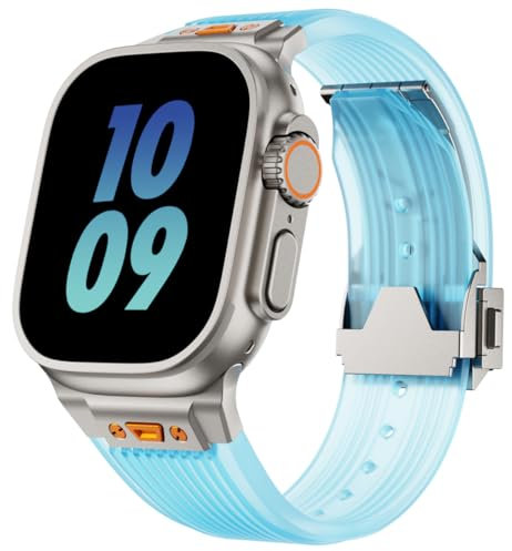 Fsavlroy Cinturino Trasparente,Compatibile con Apple Watch Ultra 2 49mm 45mm 44mm 42mm,Cinturini Sportivi in Silicone per iWatch Series Ultra 9 8 7 6 SE 5 4 3 2 1(Titanio/Blu)