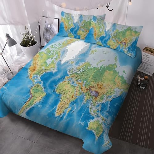 Generisch Bettwäsche 135x200cm 3Teilig Weltkarte Bettwäsche-Sets Landkarte des Ozeans Kinder 3 Teilig Mikrofaser 3D Motiv Modern Bettdeckenbezug Mit Reißverschluss und 2 Kissenbezug 80x80cm