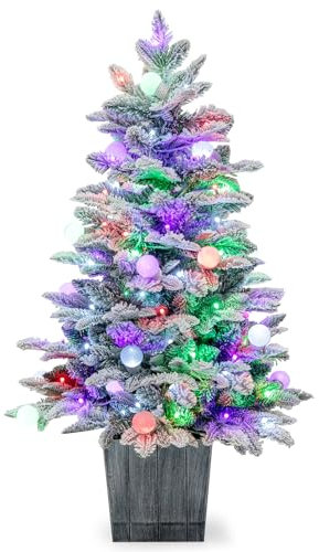 RELAX4LIFE Kleiner Weihnachtsbaum Künstlich, 100 cm Künstlicher Weihnachtsbaum mit Schnee & Beleuchtung, 80 LEDs, 148 Spitzen, Tannenbaum mit Topf, Kunst Christbaum
