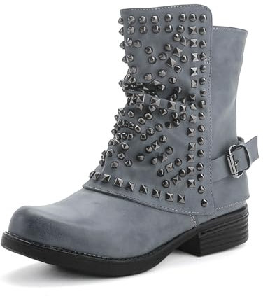 Pogolino Damen Stiefeletten Nieten Biker Boots mit Reißverschluß flach bequem Stiefel ST016 (ST03 Blau 41)