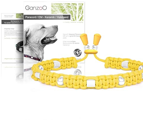 Ganzoo EM Keramik Hunde-Halsband/Paracord 550 Halsband mit Zier-Perlen und EM Tubes/EM Pipes/Größe S 33-42 cm/Dog Collar/verstellbar mit Kordelstopper/Farbe Leuchtgelb