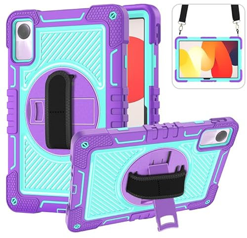 ERDARARIPRO Funda para tablet Xiaomi Redmi Pad SE de 11 pulgadas, bonita funda de dibujos animados a prueba de golpes con soporte giratorio de 360° y correa de mano, correa de hombro, morado y verde