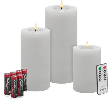 Candela Lights LED Kerzen 3er Set Winter Weiß Flammenlos Echtwachs inklusive Fernbedienung & Batterien Dimmbar Flammenfunktion