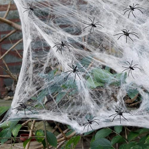 TYXHXTF Halloween Deko Spinnennetz, 200g Gruselig Spinnennetz mit 60 Schwarz Spinnen für Innen, Außen, Häuser, Garten, Spukhaus & Party Zubehör - Weiß