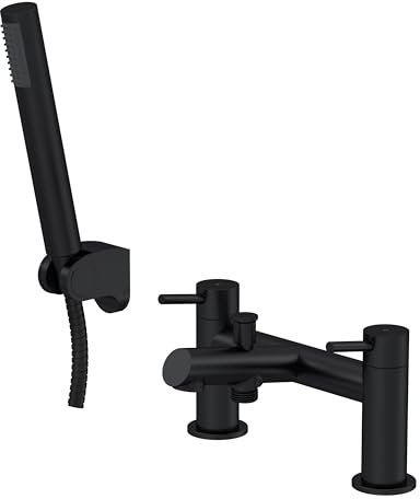 Balterley Bath Mixer Tap with Shower Kit, Dual Lever Round Bath Filler Tap, Round Head Showers for Bathrooms, Bathroom Taps with Shower Head and Hose Set - 228 x 156 x 119mm (Matt Black)