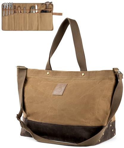 OneTigris Camping Aufbewahrungstasche 36L, mit abnehmbarer Werkzeugrolltasche, gewachstes Segeltuch Tragetasche, für Gartenarbeit, Brennholz und Outdoor