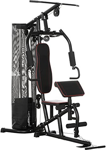 HOMCOM Kraftstation, Multifunktionale Fitnessstation mit Latzug- & Butterflystange, Hantelbank, Seilzug, Brustpresse, Beincurler, Fitnessgerät mit 45 kg Gewichtsblöcken für Zuhause, Schwarz