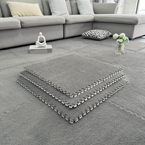 100pcs Plush Foam Puzzle Mat Tiles, Soft Interlocking Carpet Tiles, Soft Puzzle Area Rug Square Play Mat For Bedroom Or Playroom(Size:24x24inch,Color:Grey)