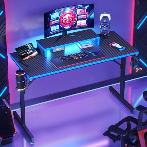 Bestier Small Gaming Desk with Monitor Stand, 106.6 CM LED Computer Desk, Gamer Workstation with Cup Holder & Headset Hooks, Modern Simple Style Desk for Home Office