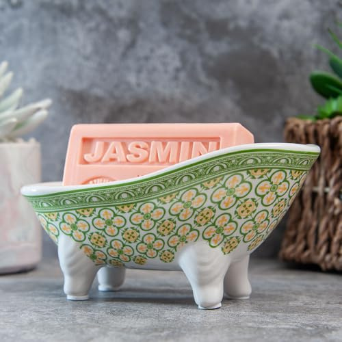 Label Provence Nature Savon de Marseille Seifenschale – Französischer Vintage-Stil Keramik Klauenfuß-Badewanne – Mehrzweckhalter – perfekt für Badezimmer, Küche oder Heimdekoration – grüne Fliesen