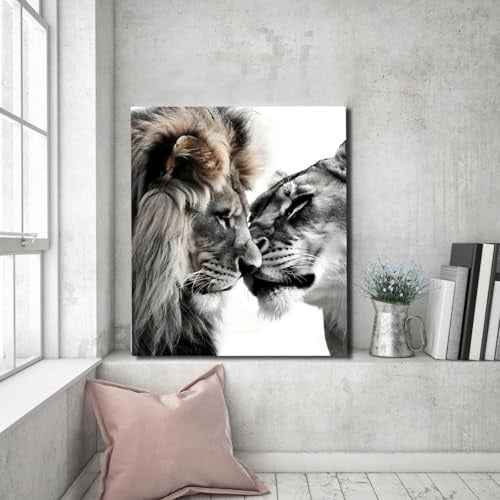 IHHGNB Löwe und Löwin Leinwandbild, Schwarz-Weiß-Tiere, Paarbilder, Drucke, abstrakte Wildtier-Wandmalerei, Kunstwerk, 60 x 80 cm (24 x 31 Zoll), rahmenlos
