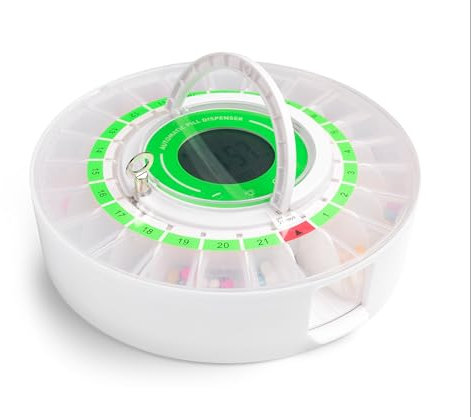 EDOSO 2025 Model with Innovative Dosage, Automatic Electronic Tablet Dispenser, 9 Alarms per Day, 21 Removable Containers, 3 Secure Metal Clasps, High Tablet Capacity