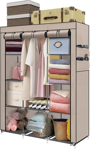 JF HOME BLISS Canvas Wardrobe for Bedroom, Large Fabric Wardrobe with 6 Shelves & Hanging Rail - 135x47x175cm, Dustproof Portable Closet with 4 Side Pockets (Brown)