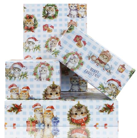 Geschenkpapier mit Weihnachtskatze, Dorable Katze, Kätzchen, Kätzchen, 4 Bögen, flach gefaltet, 50 x 70 cm, Geschenkpapier für Geburtstag, Weihnachten, Katzenparty