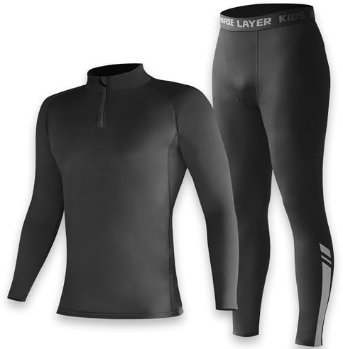 Penerl Skins for Boys Long Sleeve Top & Tights Football Compression Set | Kids Thermal Base Layer Set, Football Skins Boys Age 4-16 (Black, 30)