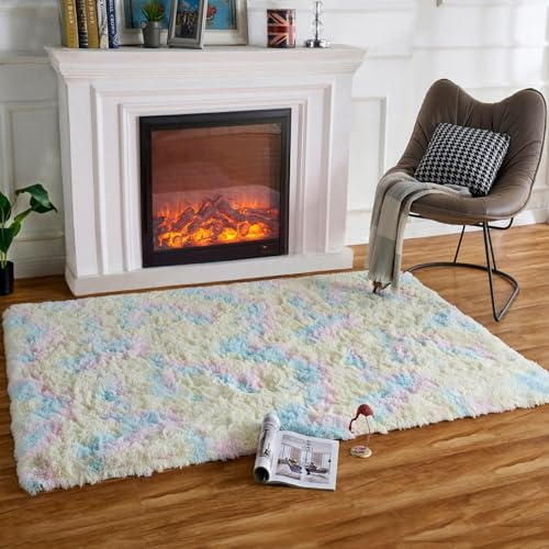 HARESLE Flauschige Teppich Kinderzimmer, Kleine Teppich Schlafzimmer, Hochflor Weich Teppiche Wohnzimmer, Waschbarer Teppiche rutschfeste, Moderne Tie Dye Tepich für Lounge Büro(Regenbogen/60x120cm)