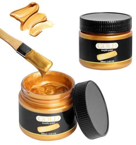 Acrylfarbe Merallic Gold, 200 ml Goldene Acrylfarbe, Wasserfeste & Deckende Blattgold Farbe für Kunst Malerei, für Metall, Holz, Glas, Keramik, Leinwand, Stein, Stoff und Leder