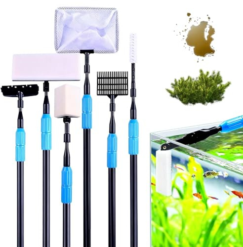 Rylae Aquarium Reinigungsset, 6 in 1 Aquarium Reinigungswerkzeuge, Teleskopstange mit Algenschaber, Fischnetz, Kiesbesen, Reinigungsschwamm, Rohrbürste