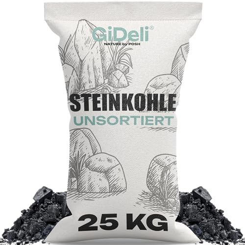 GiDeli Antracite 25kg - Carbone per stufa e caminetto - Antracite non selezionata 5–50 mm – Alto potere calorifico 24–26 MJ/kg – Sacco grande di carbone per il riscaldamento