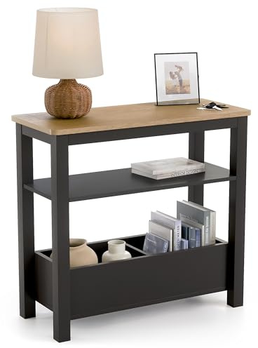 CHRISTOW Slim Console Table, Charcoal | Modern Hallway & Sofa Side Table, Oak-Effect Top, Middle Shelf, 2 Storage Compartments, Durable MDF, H60cm x W65cm x D28cm