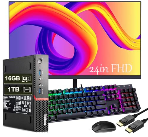 Lenovo ThinkCentre M900 Mini Desktop Computer PC w/ 24 pollici FHD Mornitor, M900 PC piccolo Core i5-6500, 8 GB di RAM, SSD da 256GB, Tastiera Qwerty statunitense, cavo DP, Windows 11 Pro (rinnovato)