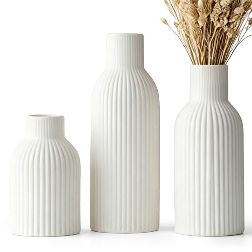 3 Stück Vase Weiß, Keramik Vasen Set für Pampasgras, Blumenvase Modern Design, Boho Deko Aesthetic für Zimmer Schlafzimmer