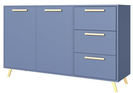 Masseno Kommode Elise 140 cm Sideboard mit 3 Schubladen und 2 Türen für Wohnzimmer Schlafzimmer Modern 140x41x86 cm Blau