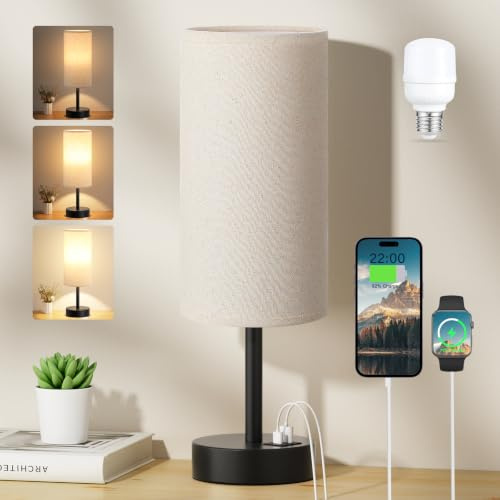 Aooshine Beige Table Lamp, Touch Lamps Bedside with USB C+A Charging Ports | Black Base, Small Lamp, Fabric Shade for Kids Room, Study, Dorm, Office, Bulb Included