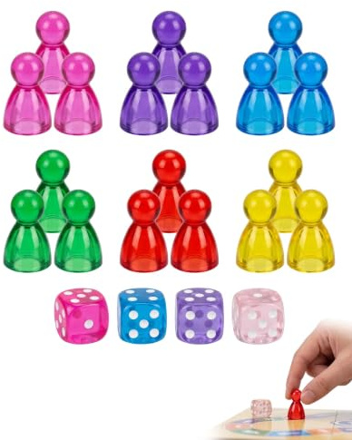 YIPFEN 24 Spielfiguren und 4 Würfel für Spielesammlung Klassiker – bunte Würfel für Yams und pädagogische Spiele