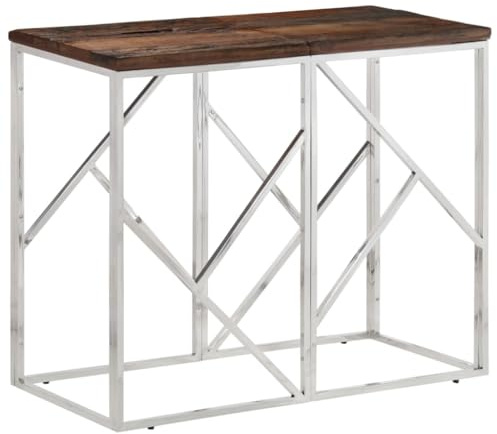 Drainlyn Table console 90 x 40 x 70 cm, cadre en acier inoxydable argenté avec seuils en bois massif, table d'appoint pour couloir, étagère, espace de rangement, moderne