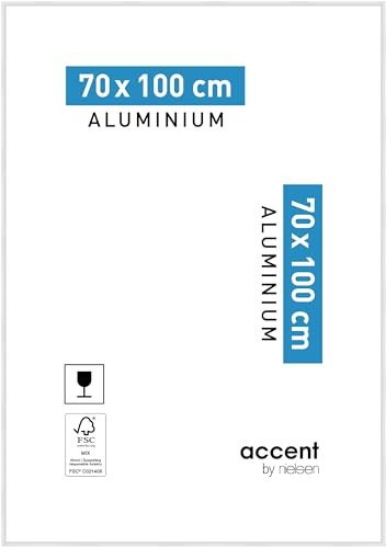 accent by nielsen Bilderrahmen, 70 x 100 cm, Aluminium, Weiß glanz, Posterrahmen zum Aufhängen im Hoch- & Querformat, Echtglas, Accent