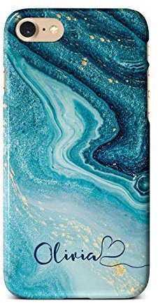 iCaseDesigner Personalised Marble Glitter Flowing Name with Heart Phone Case for Apple iPhone 7+ / 8+ Plus - 6. Turquoise Sparkle Swirl Name