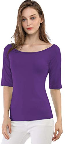 Allegra K Women's St. Patrick's Day Half Sleeves Scoop Neck Fitted Layering Top Soft T-Shirt Purple 12