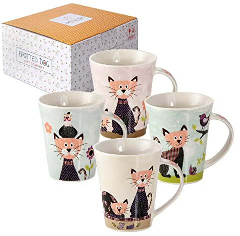 SPOTTED DOG GIFT COMPANY Lot de 4 Tasse Chat en Céramique, Ensemble de Mug Original pour le Thé Café avec Coffret, Mignon Mugs et Tasses Animaux, Cadeaux pour les Amoureux des Chats 360ml