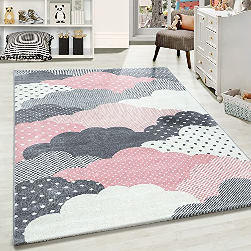 Carpetsale24 Tapis pour Enfants, Couleur Rose, Conception de Nuages, 25065, Tapis Coureur, Tapis Chambre d'enfant Chambre bébé, 80 x 150 cm