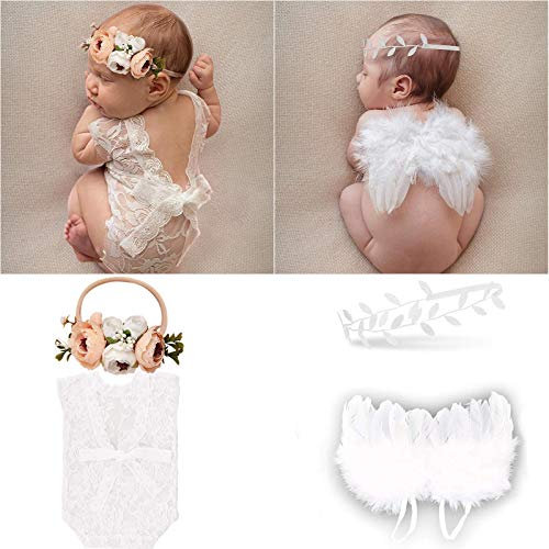 LCE Nouveau-Né Photographie Prop - Ange Plumes Ailes, Bandeau de Fleurs et Gilet en Dentelle, pour Fille Prop Vêtements Blanc