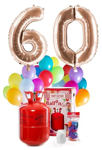 Party Factory `Happy 60´ Helium Komplett-Set, 2 roségoldene XXL Zahlenballons, 30 bunte Latexballons, 400l Ballongas und 40m Ballonschnur