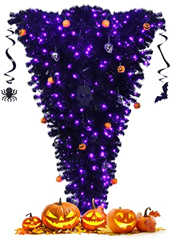 DREAMADE 180cm schwarz künstlicher Weihnachtsbaum, beleuchteter Halloweenbaum, klappbarer künstlicher Tannenbaum mit LED-Lichtern, umgedrehter Deko-Baum für Haus, Büro, Karneval, Grusel-Themenparty