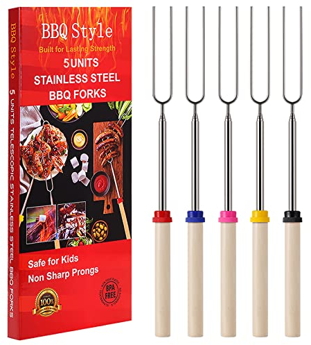 5 palitos de asado de malvavisco, palos telescópicos para hoyo de fuego abierto, 32 pulgadas de largo, tenedores de barbacoa para barbacoa, brochetas para fogata, camping, hotdog