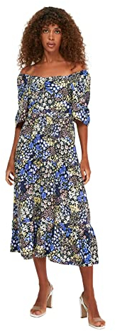 Trendyol Damen Multi-colored Balloon Sleeve Floral Pattern Casual Dress, Multi Color, 40 EU