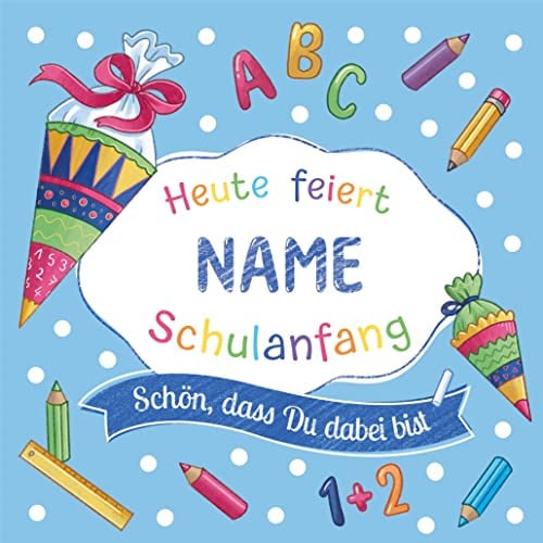 80 Servietten Schulanfang mit Name personalisierbar als Tischdeko zur Einschulung | individuell für Jungen und Mädchen | Farbauswahl | Deutsche Produktion 33x33cm (80, Blau)
