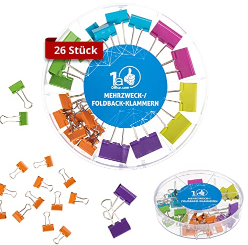 DynaTech Klammern groß 26 Stück Mehrzweck-Klammern - Klemmen Metall 15-25mm - Befestigungsklammern Foldback-Klammern für Akten oder Tüten, Büroclips - Inkl. Zirkelset