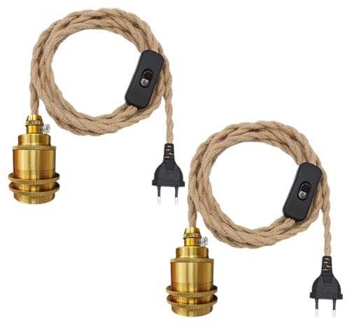 E27 Vintage Lampenkabel HäNgende Leuchte, Seil HäNgelampe, Lampenfassung Pendelleuchte mit Schalter und Stecker, Hanfseil Pendellampe Kit, DIY Einzelkopf Kabel Seil HäNgeleuchte, für Loft Lager