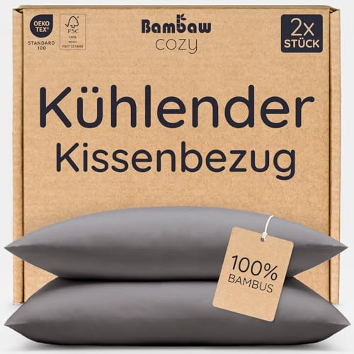 Bambaw Kissenbezüge 40x60 cm Bambus, 2-er Pack, 100% Bambusfasern, Allergie Bettwäsche, haarfreundlicher Kissenbezug hypoallergen, Kopfkissenbezug 40x60 Bambus (Dunkelgrau)