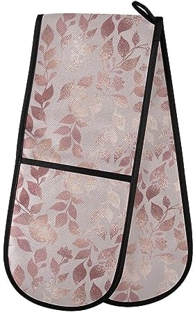 Double Oven Gloves Rose Gold Floral Glitter Heat Resistant Pot Holder Oven Mitt Gloves for BBQ Cooking Baking Grilling Microwave
