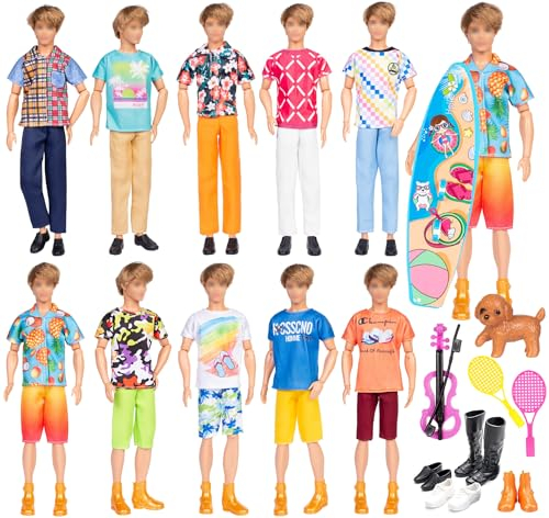 29pcs Puppenkleidung und Zubehör für 12 Zoll Jungen Puppen umfassen 10-Tops,5 Hosen,5 Shorts,4 Schuhe,2 Schläger,1 Surfbrett,1 Hund,1 Violine (Keine Puppe)