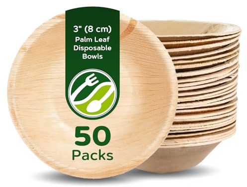 ECO Leaf 50 Disposable Palm Leaf Bowls 3”(9cm) Round Compostable Small Bowl Snack Bowls, Sauce Pots, Ketchup and Mayo Pots Eco-Friendly, Biodegradable Bowl for Wedding, Party and Picnic Oven Safe