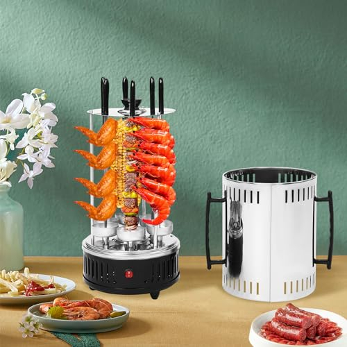 Vertikaler Edelstahl Elektro-Tischgrill inkl. 6 Spieße, BBQ Vertikalgrill Rundgrill für Schaschlik-, Fleisch-, Garnelen-, Gyrosspieße Dreh-Grill Heizmodul mit Schutzgitter, 1000W 20 * 37.5cm