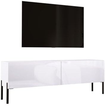 Meuble TV Bas Moderne - Blanc Mat/Blanc Brillant/Pieds Noirs - 140x52x32 cm