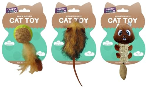AKH® Natural Instincts Assorted Cat Toys | Pack of 3 | Scratcher Toys with Sisal Rope | 26CM Mice & Animal Toys with Bell for Cats